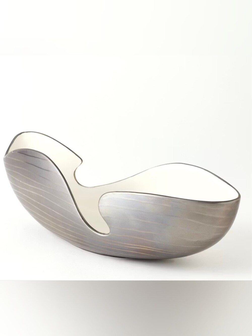 Global Views Platinum Stripe Ceramic Wave Bowl Made in Portugal Centerpiece